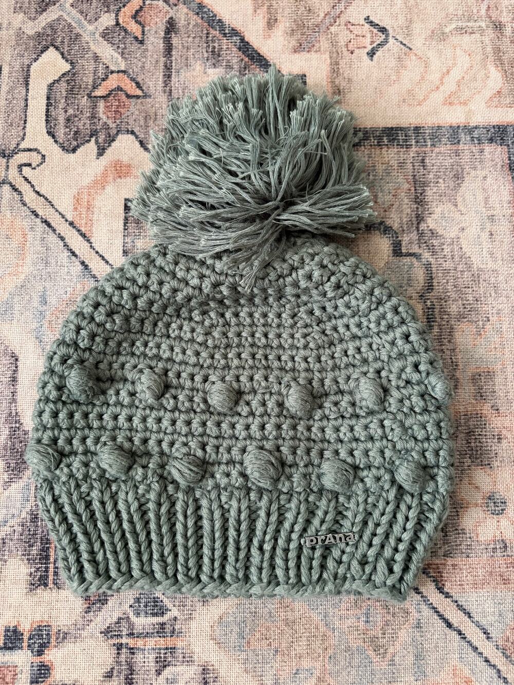 prAna Pammy Beanie Womens OS Dusty Evergreen Pom Pom Hemp Knit